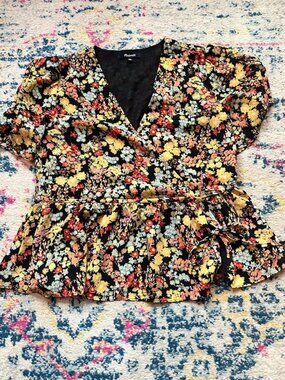Madewell Short-Sleeve Peplum Faux Wrap Floral Top- XS